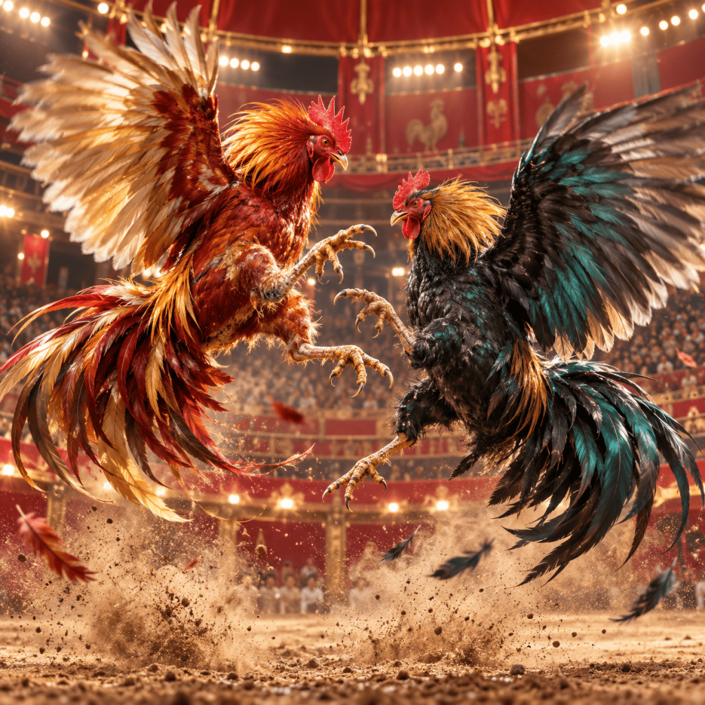 BB6bet Cockfighting roosters facing off in an arena